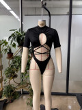 Sexy Hollow Out Lace-Up Short Bodysuit Slim Fit Basic Summer Top