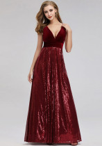 Evening Gown V-Neck Sleeveless Sequin A-Line Patchwork Velvet Elegant Dress（Processing time need 3-6 days）