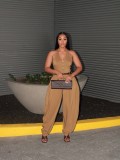 Women's Solid Color Halter Neck Zipper Jumpsuit without Belt