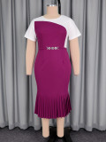 Plus Size Women Short Sleeve Color Block Pleated Formal Party Bodycon Dress