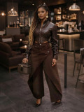 Women American Style Irregular Cross Metal Buckle Wide Leg Pants