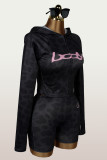 Trendy Print Sports Zip Hoodie and Shorts Two-Piece Set for Women