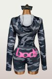 Trendy Print Sports Zip Hoodie and Shorts Two-Piece Set for Women