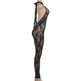 Spring Women's Halter Neck Low Back Sexy Lace See-Through Tight-Fitting Jumpsuit