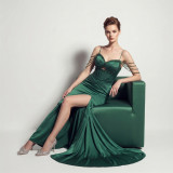 Satin Lace-Up Fishbone Split Evening Gown