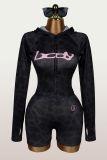 Trendy Print Sports Zip Hoodie and Shorts Two-Piece Set for Women