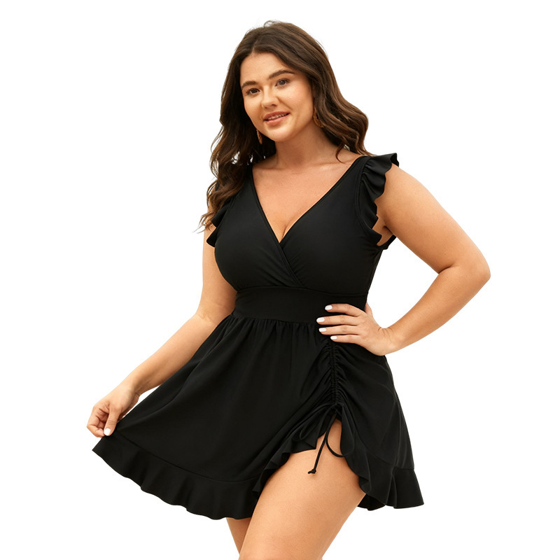 Plus Size V-Neck Drawstring Ruffle Two-Piece Swimsuit