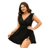 Plus Size Women V Neck Drawstring Ruffle Two Pieces Swimwear