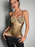 Women Shiny Pu-Leather Sequin Spaghetti Strap Sexy Backless Bodysuit