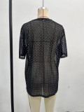 Semi-Transparent Plaid Shiny Mesh Black Round Neck Loose Casual T-Shirt