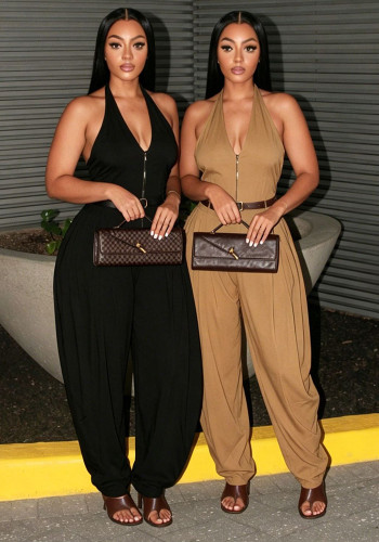 Women's Solid Color Halter Neck Zipper Jumpsuit without Belt