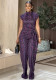 Stand Collar Deep Purple Plaid Sleeveless Pleated Top with Printed Wide-Leg Pants Two-Piece Set