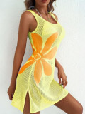 Women Summer Beach Holidays Sexy Flower Cut Out Slit Sleeveless Dress
