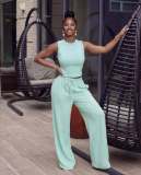 African Women's Sleeveless Solid Color Slim-Fit Round Neck Top Lace-Up Casual Long Pants Two-Piece Set
