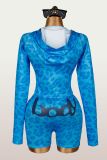 Trendy Print Sports Zip Hoodie and Shorts Two-Piece Set for Women