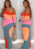 Women Color Block Geometric Patchwork One Shoulder Asymmetric Long Sleeve Sexy Bodycon Dress