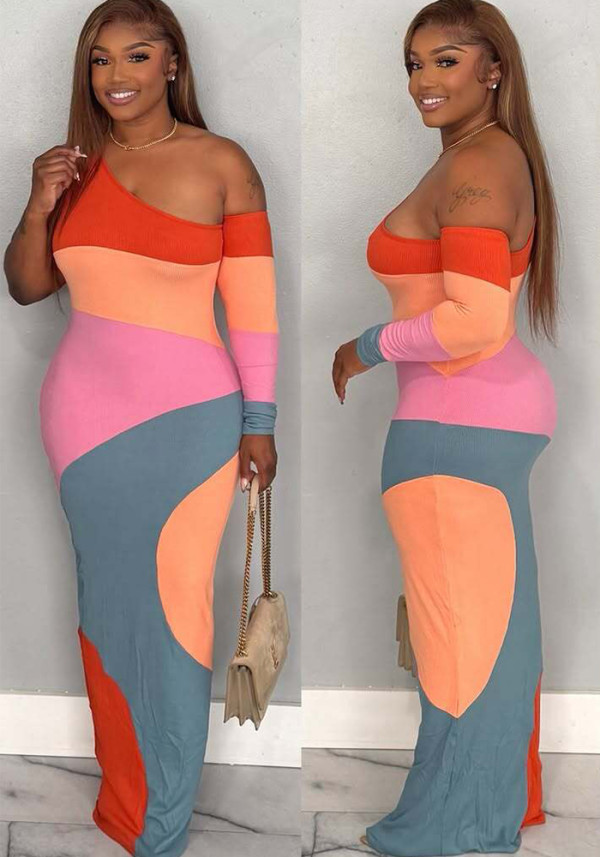 Women Color Block Geometric Patchwork One Shoulder Asymmetric Long Sleeve Sexy Bodycon Dress