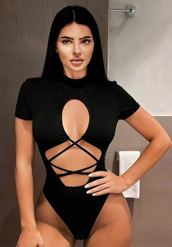 Sexy Hollow Out Lace-Up Short Bodysuit Slim Fit Basic Summer Top