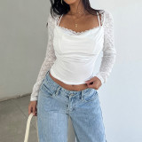 Women See Through Long Sleeve Lace Patchwork Ruched Cowl Neck T Shirt Top