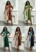 Plus Size Women Ruched Elegant Turndown Collar Pleated Short Sleeve Dress