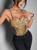 Women Shiny Pu-Leather Sequin Spaghetti Strap Sexy Backless Bodysuit