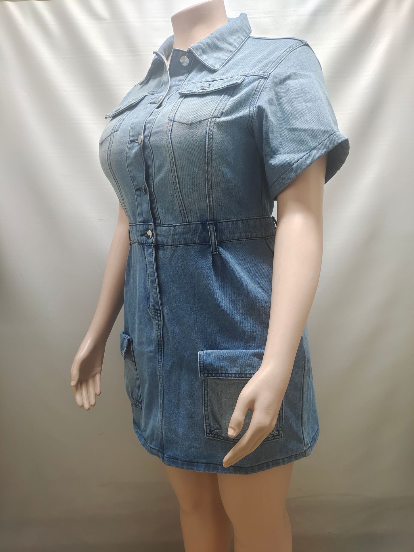 Button-Down Short-Sleeve Denim Dress for Casual Streetwear