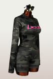 Trendy Print Sports Zip Hoodie and Shorts Two-Piece Set for Women