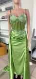 Satin Slit Sexy Evening Gown Strap Long Dress Slim Waist Slimming Ball Gown（Processing time need 3-6 days）