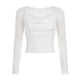 Women See Through Long Sleeve Lace Patchwork Ruched Cowl Neck T Shirt Top