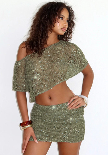 Women Summer Slash Shoulder Sequin Cut Out Top and Skirt Two Piece Set