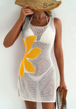 Women Summer Beach Holidays Sexy Flower Cut Out Slit Sleeveless Dress