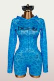 Trendy Print Sports Zip Hoodie and Shorts Two-Piece Set for Women