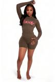 Trendy Print Sports Zip Hoodie and Shorts Two-Piece Set for Women
