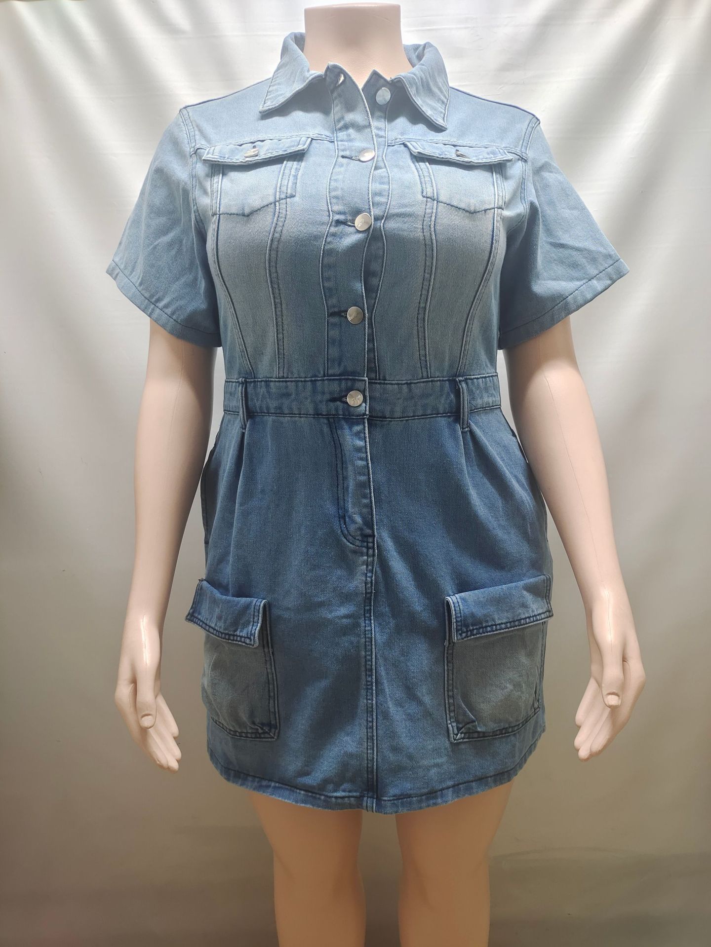 Button-Down Short-Sleeve Denim Dress for Casual Streetwear