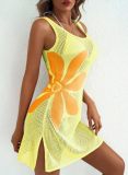Women Summer Beach Holidays Sexy Flower Cut Out Slit Sleeveless Dress