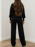 Women's Color-Block Stand Collar Zip Wide-Leg Pants Casual Two-Piece Set