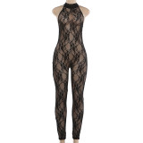 Spring Women's Halter Neck Low Back Sexy Lace See-Through Tight-Fitting Jumpsuit