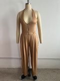 Women's Solid Color Halter Neck Zipper Jumpsuit without Belt