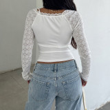 Women See Through Long Sleeve Lace Patchwork Ruched Cowl Neck T Shirt Top