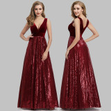Evening Gown V-Neck Sleeveless Sequin A-Line Patchwork Velvet Elegant Dress（Processing time need 3-6 days）