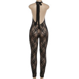 Spring Women's Halter Neck Low Back Sexy Lace See-Through Tight-Fitting Jumpsuit