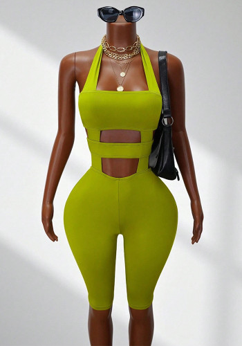 Solid Color Tight-Fitting Casual Halter Neck Low Back Jumpsuit