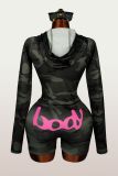 Trendy Print Sports Zip Hoodie and Shorts Two-Piece Set for Women