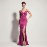 Satin Lace-Up Fishbone Split Evening Gown