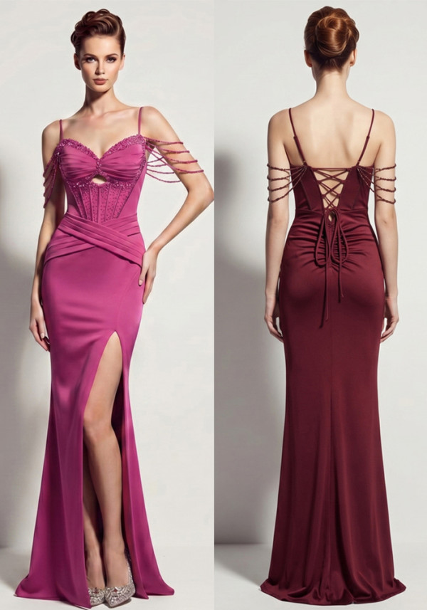 Satin Lace-Up Fishbone Split Evening Gown