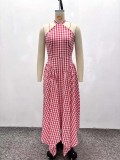 African Women's Sleeveless Halter Neck Fashion Plaid Dress Trendy High-Waist Asymmetrical Long Dress