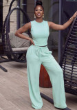 African Women's Sleeveless Solid Color Slim-Fit Round Neck Top Lace-Up Casual Long Pants Two-Piece Set