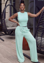 African Women's Sleeveless Solid Color Slim-Fit Round Neck Top Lace-Up Casual Long Pants Two-Piece Set
