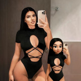 Sexy Hollow Out Lace-Up Short Bodysuit Slim Fit Basic Summer Top