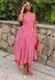 African Women's Sleeveless Halter Neck Fashion Plaid Dress Trendy High-Waist Asymmetrical Long Dress